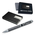 Gift Set - Black Leather Like Business Card Case & 2-in-1 Stylus Ballpoint Pen